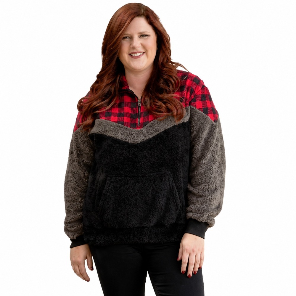Grace Emma Sherpa Pullover XL Buffalo Plaid Fleece Quarter Zip Jacket Cozy Cabin